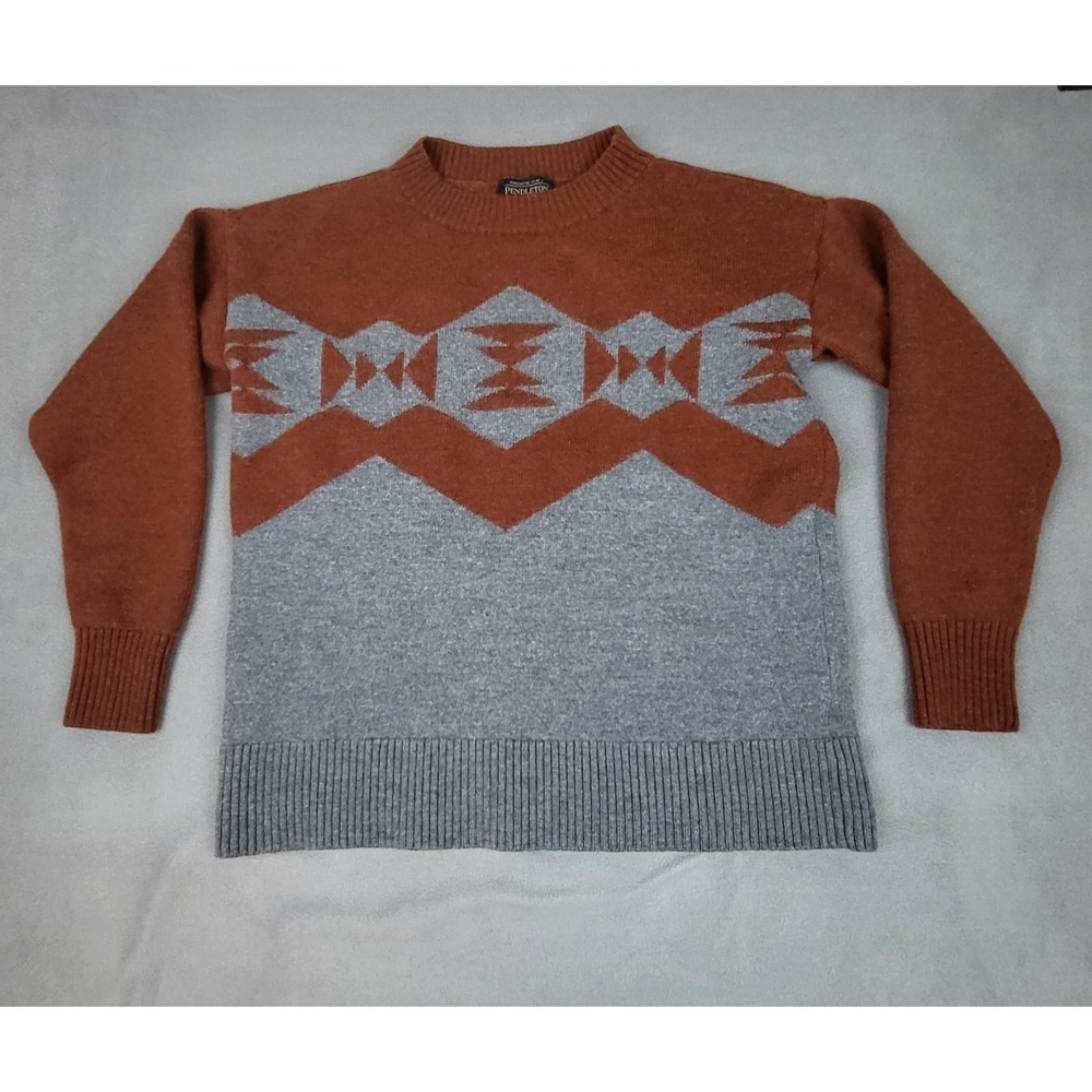 Vintage Pendleton Merino Wool Sweater Mens XS Gray Orange Geometric Aztec Print